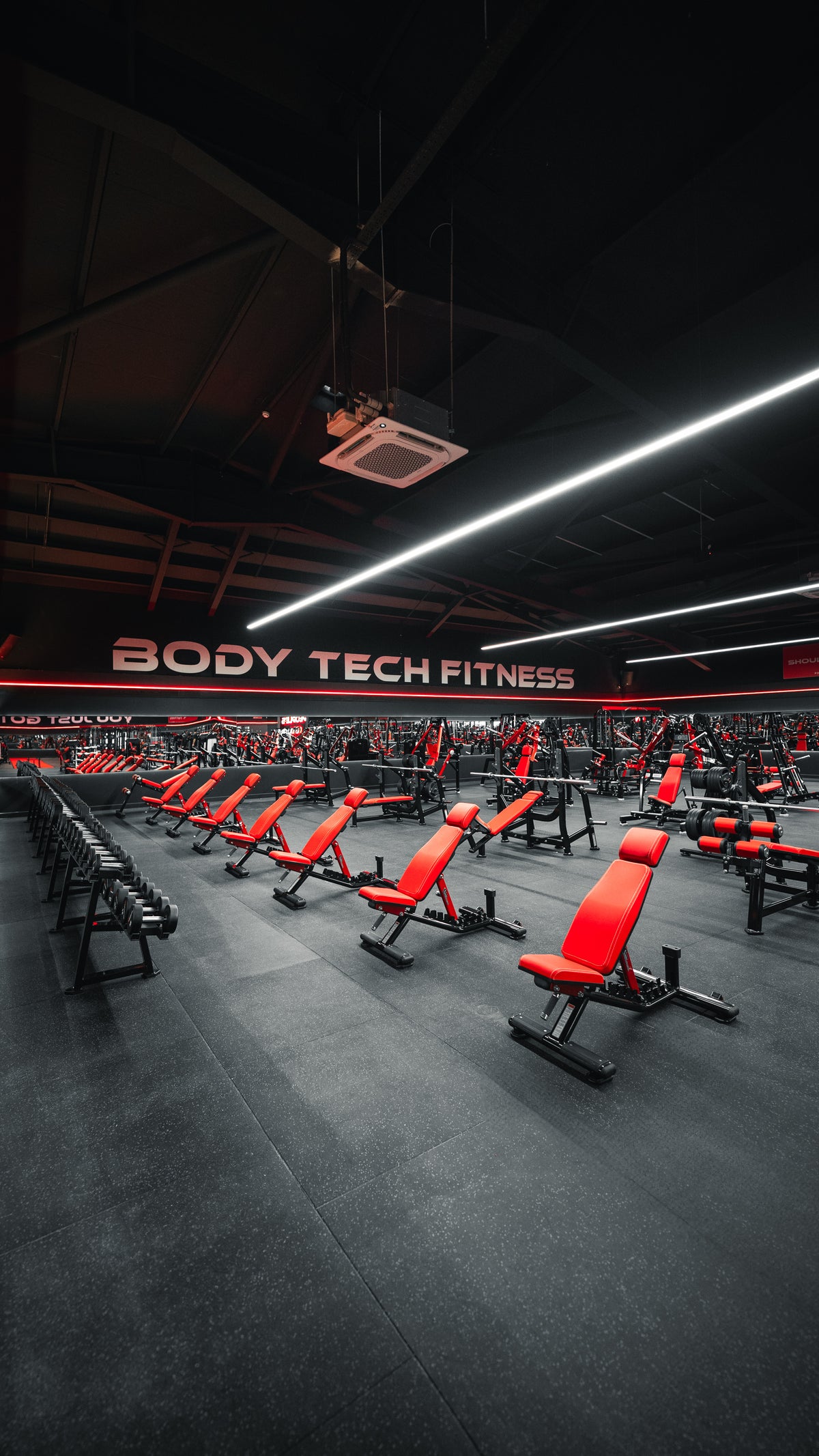 Commercial gym interior with rubber flooring, red equipment and linear ceiling lighting